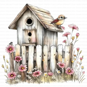 Old Birdhouse Fence Flowers Clipart Bundle Printable Whimsical Bird Nest JPG Junk Journal Scrapbook Digital Download