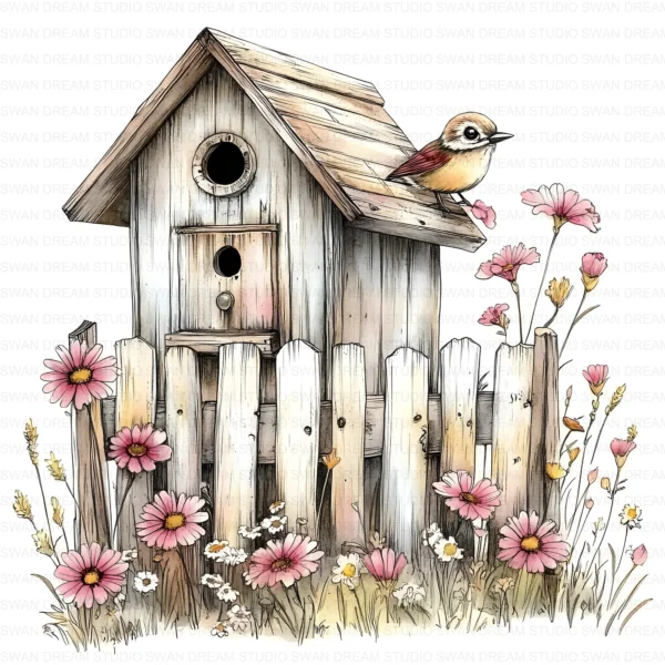 ClipartC10L_t1 Old Birdhouse Fence Flowers Clipart Bundle Printable Whimsical Bird Nest JPG Junk Journal Scrapbook Digital Download