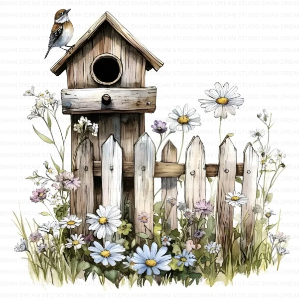 ClipartC10L_t11 Old Birdhouse Fence Flowers Clipart Bundle Printable Whimsical Bird Nest JPG Junk Journal Scrapbook Digital Download
