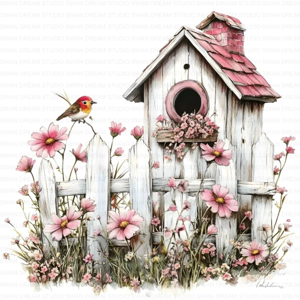 ClipartC10L_t12 Old Birdhouse Fence Flowers Clipart Bundle Printable Whimsical Bird Nest JPG Junk Journal Scrapbook Digital Download