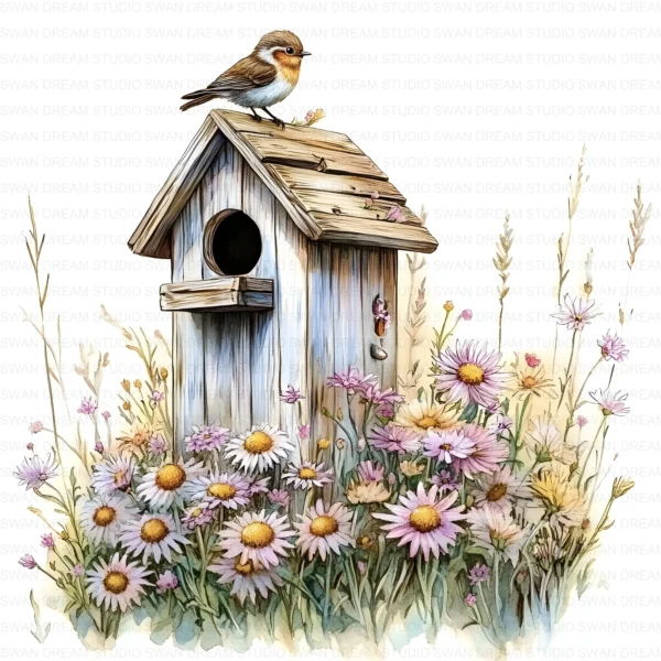 ClipartC10L_t2 Old Birdhouse Fence Flowers Clipart Bundle Printable Whimsical Bird Nest JPG Junk Journal Scrapbook Digital Download