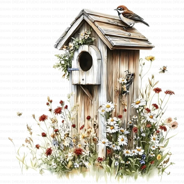 ClipartC10L_t3 Old Birdhouse Fence Flowers Clipart Bundle Printable Whimsical Bird Nest JPG Junk Journal Scrapbook Digital Download