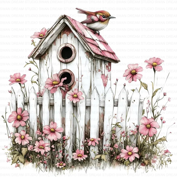 ClipartC10L_t5 Old Birdhouse Fence Flowers Clipart Bundle Printable Whimsical Bird Nest JPG Junk Journal Scrapbook Digital Download