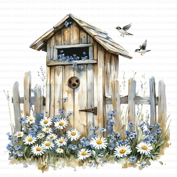 ClipartC10L_t6 Old Birdhouse Fence Flowers Clipart Bundle Printable Whimsical Bird Nest JPG Junk Journal Scrapbook Digital Download