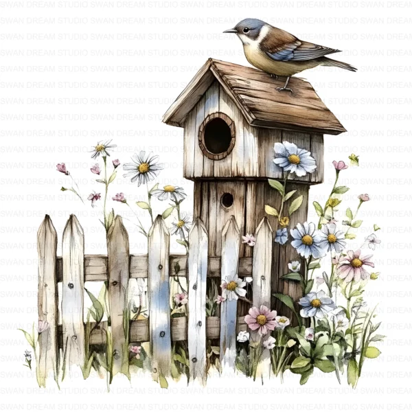 ClipartC10L_t7 Old Birdhouse Fence Flowers Clipart Bundle Printable Whimsical Bird Nest JPG Junk Journal Scrapbook Digital Download