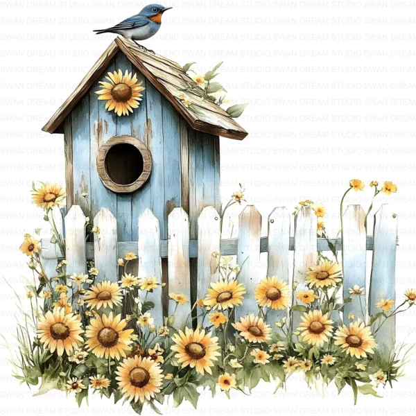 ClipartC10L_t9 Old Birdhouse Fence Flowers Clipart Bundle Printable Whimsical Bird Nest JPG Junk Journal Scrapbook Digital Download