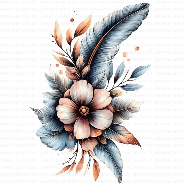 128 Boho Floral Feather Clipart Whimsical Flowers Printable JPG Card Making Scrapbooking Junk Journal Digital Download