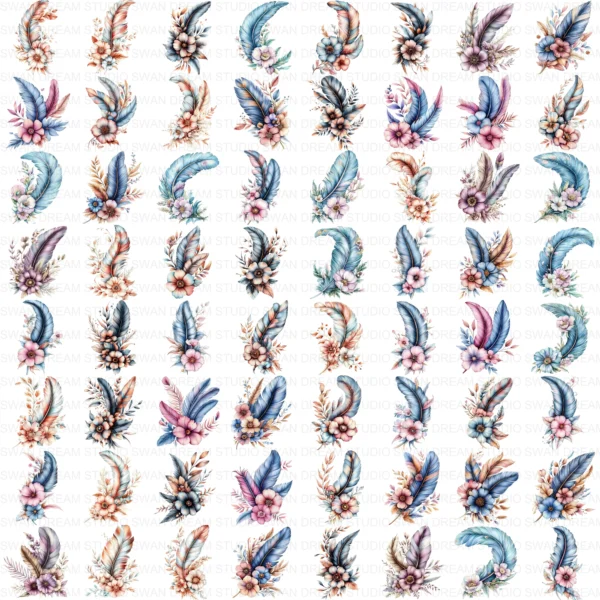 128 Boho Floral Feather Clipart Whimsical Flowers Printable JPG Card Making Scrapbooking Junk Journal Digital Download