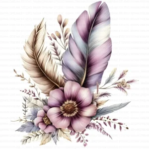 128 Boho Floral Feather Clipart Whimsical Flowers Printable JPG Card Making Scrapbooking Junk Journal Digital Download