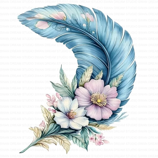 128 Boho Floral Feather Clipart Whimsical Flowers Printable JPG Card Making Scrapbooking Junk Journal Digital Download