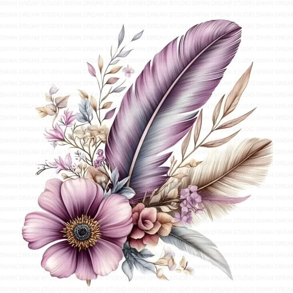128 Boho Floral Feather Clipart Whimsical Flowers Printable JPG Card Making Scrapbooking Junk Journal Digital Download