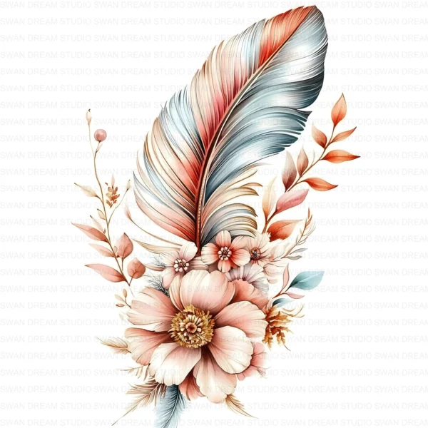 128 Boho Floral Feather Clipart Whimsical Flowers Printable JPG Card Making Scrapbooking Junk Journal Digital Download