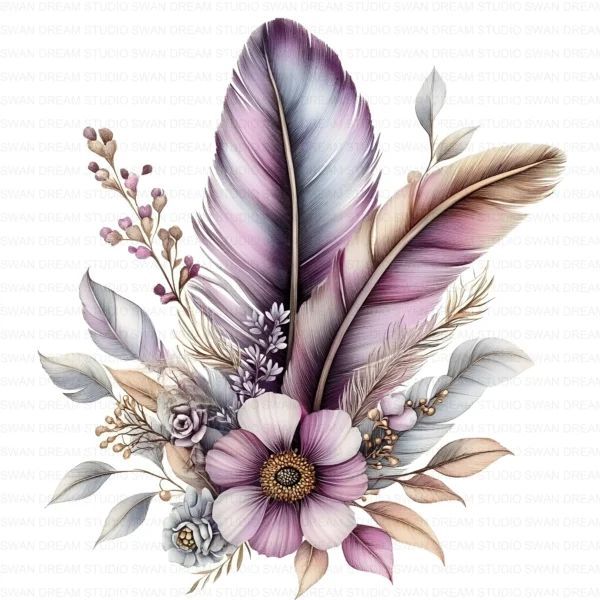128 Boho Floral Feather Clipart Whimsical Flowers Printable JPG Card Making Scrapbooking Junk Journal Digital Download
