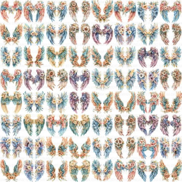 128 Floral Angel Wings Clipart Bundle Whimsical Flower Fantasy JPG Printable Scrapbook Junk Journal Paper Craft Digital Download