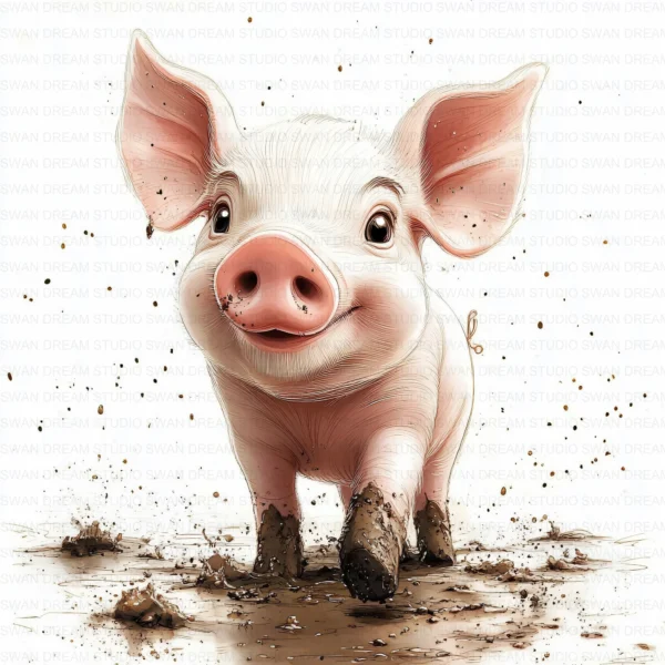 Whimsical Pig Clipart Bundle in Mud Puddle Farm Animal Printable JPG for Scrapbooking Junk Journal Paper Crafts Digital Download