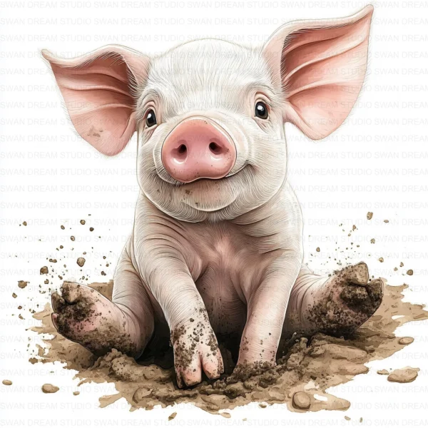 Whimsical Pig Clipart Bundle in Mud Puddle Farm Animal Printable JPG for Scrapbooking Junk Journal Paper Crafts Digital Download