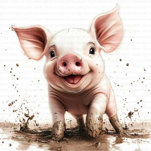 Whimsical Pig Clipart Bundle in Mud Puddle Farm Animal Printable JPG for Scrapbooking Junk Journal Paper Crafts Digital Download