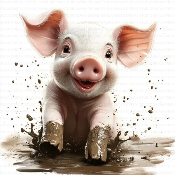 Whimsical Pig Clipart Bundle in Mud Puddle Farm Animal Printable JPG for Scrapbooking Junk Journal Paper Crafts Digital Download