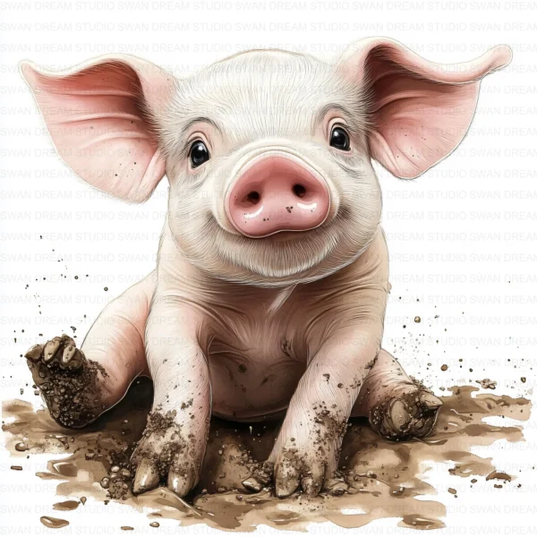 Whimsical Pig Clipart Bundle in Mud Puddle Farm Animal Printable JPG for Scrapbooking Junk Journal Paper Crafts Digital Download