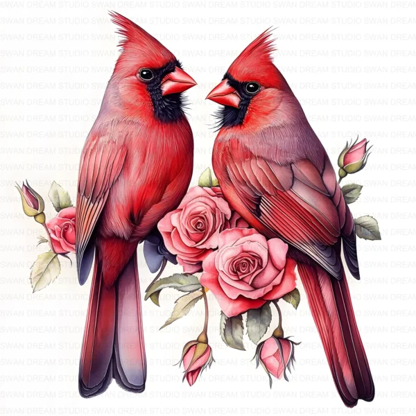 ClipartC16L_t10 Northern Cardinal Bird Clipart Bundle Printable Songbird Twig Garden Junk Journal