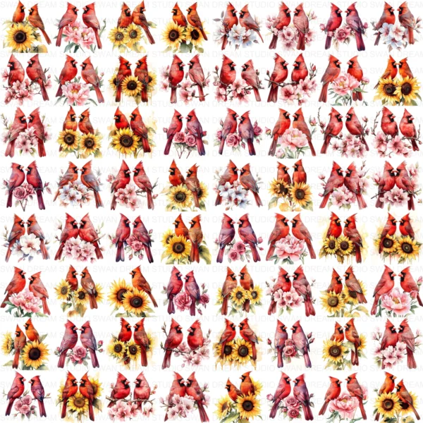 ClipartC16L_t13 Northern Cardinal Bird Clipart Bundle Printable Songbird Twig Garden Junk Journal