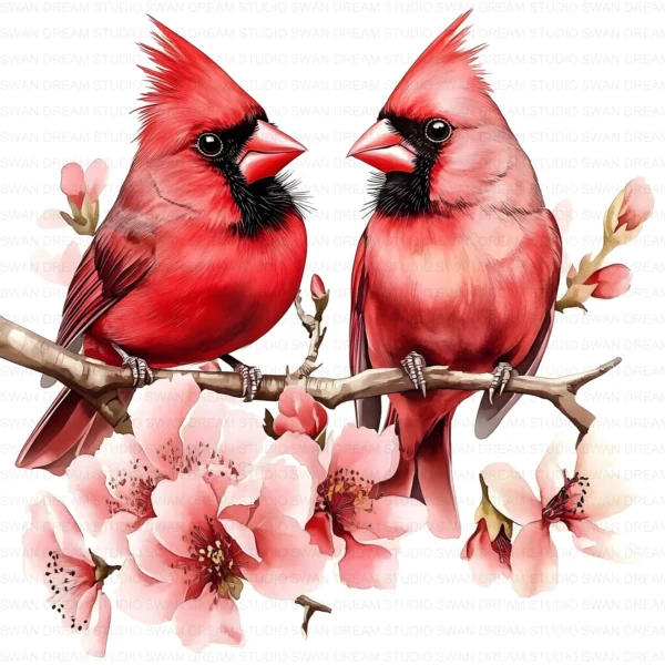 ClipartC16L_t8 Northern Cardinal Bird Clipart Bundle Printable Songbird Twig Garden Junk Journal