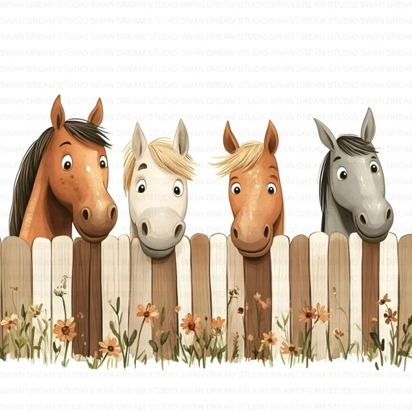 ClipartC1L_t1 Quirky Horses Clipart Bundle Farm Animals Fence Whimsical Printable JPG Paper Craft Junk Journal Scrapbook Digital Download