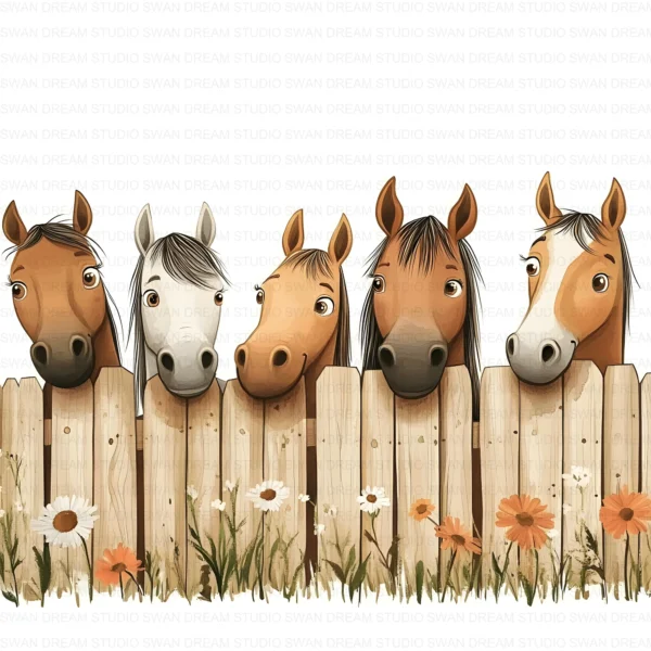 ClipartC1L_t11 Quirky Horses Clipart Bundle Farm Animals Fence Whimsical Printable JPG Paper Craft Junk Journal Scrapbook Digital Download