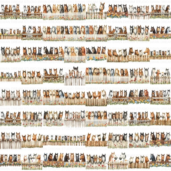 ClipartC1L_t13 Quirky Horses Clipart Bundle Farm Animals Fence Whimsical Printable JPG Paper Craft Junk Journal Scrapbook Digital Download