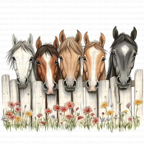 ClipartC1L_t2 Quirky Horses Clipart Bundle Farm Animals Fence Whimsical Printable JPG Paper Craft Junk Journal Scrapbook Digital Download