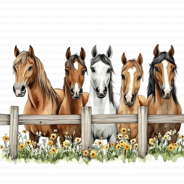 ClipartC1L_t3 Quirky Horses Clipart Bundle Farm Animals Fence Whimsical Printable JPG Paper Craft Junk Journal Scrapbook Digital Download