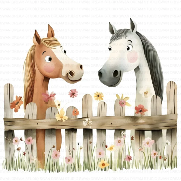 ClipartC1L_t7 Quirky Horses Clipart Bundle Farm Animals Fence Whimsical Printable JPG Paper Craft Junk Journal Scrapbook Digital Download