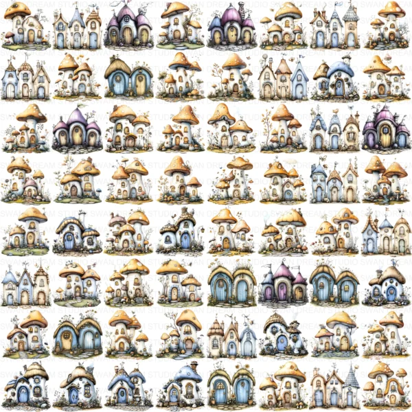 Fairy House Mushroom Whimsical Clipart Bundle Printable Garden Cottage Paper Craft