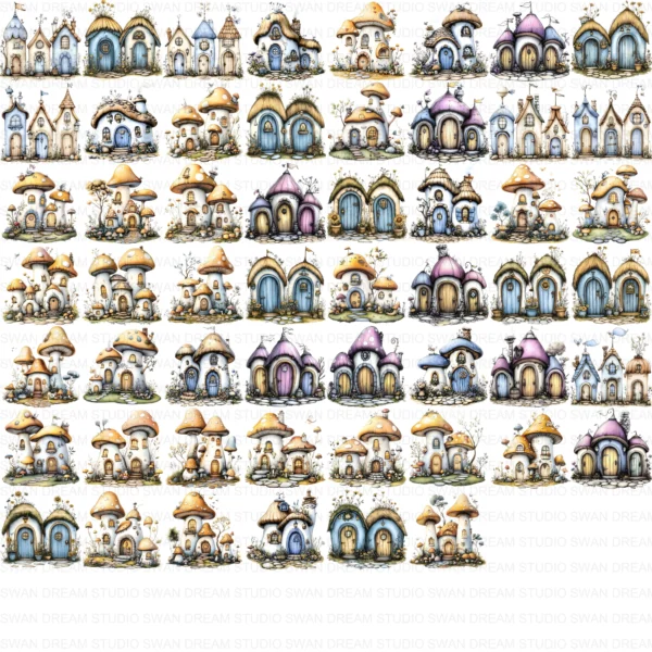 Fairy House Mushroom Whimsical Clipart Bundle Printable Garden Cottage Paper Craft