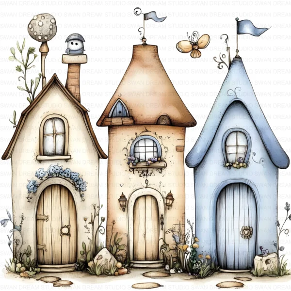 Fairy House Mushroom Whimsical Clipart Bundle Printable Garden Cottage Paper Craft