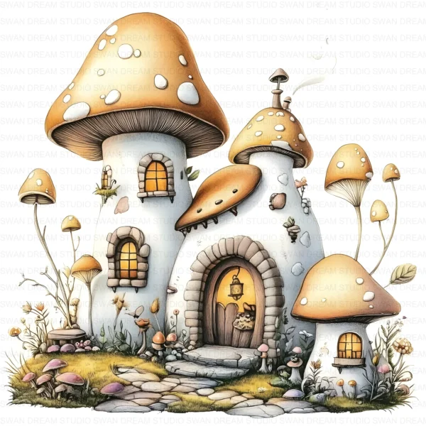 Fairy House Mushroom Whimsical Clipart Bundle Printable Garden Cottage Paper Craft