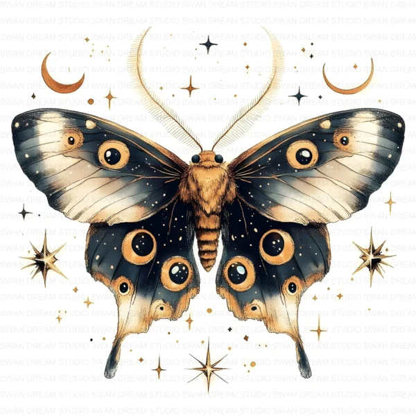 ClipartC23L_t11 132 Moth Moon Clipart Bundle Celestial Boho Whimsical Insects Printable Digital Paper Scrapbook Junk Journal Craft Cards Download