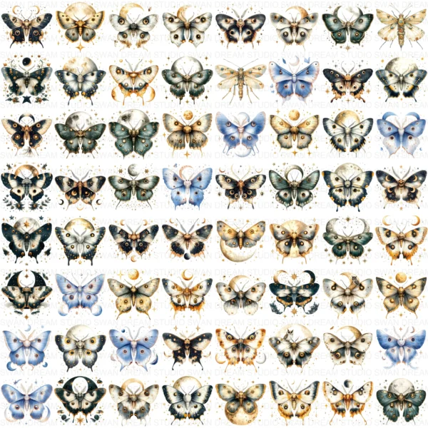 ClipartC23L_t13 132 Moth Moon Clipart Bundle Celestial Boho Whimsical Insects Printable Digital Paper Scrapbook Junk Journal Craft Cards Download
