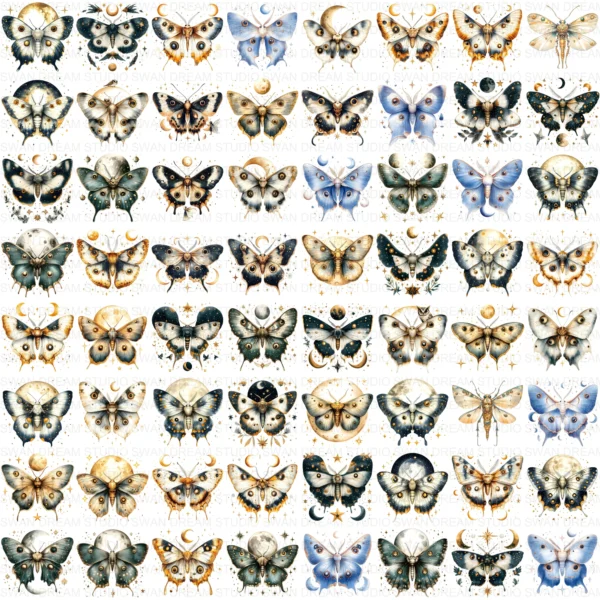 ClipartC23L_t14 132 Moth Moon Clipart Bundle Celestial Boho Whimsical Insects Printable Digital Paper Scrapbook Junk Journal Craft Cards Download