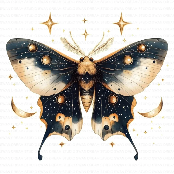 ClipartC23L_t8 132 Moth Moon Clipart Bundle Celestial Boho Whimsical Insects Printable Digital Paper Scrapbook Junk Journal Craft Cards Download