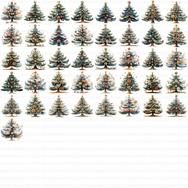 105 Quirky Christmas Tree Clipart Bundle Printable Folk Art Boho JPG Holiday Card Making Scrapbook Paper Craft Digital Download for DIY Cards and Journals
