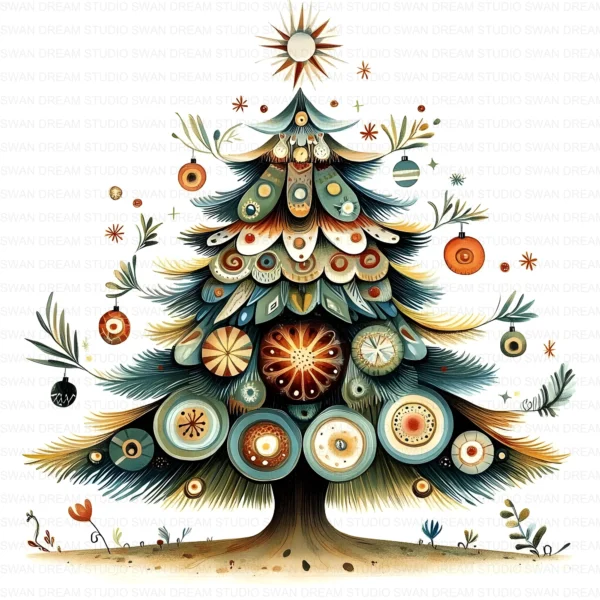 105 Quirky Christmas Tree Clipart Bundle Printable Folk Art Boho JPG Holiday Card Making Scrapbook Paper Craft Digital Download for DIY Cards and Journals