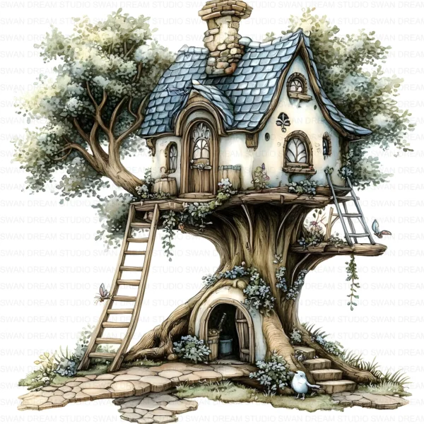 127 Whimsical Fairy Tree House Clipart Bundle Printable Fantasy Cottage Home Digital Papers Scrapbooking Junk Journal Card Making Craft JPG Download