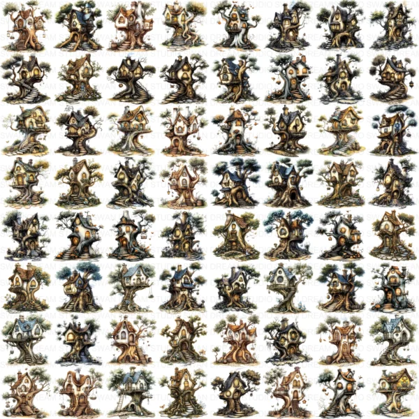 127 Whimsical Fairy Tree House Clipart Bundle Printable Fantasy Cottage Home Digital Papers Scrapbooking Junk Journal Card Making Craft JPG Download