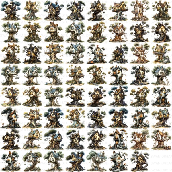 127 Whimsical Fairy Tree House Clipart Bundle Printable Fantasy Cottage Home Digital Papers Scrapbooking Junk Journal Card Making Craft JPG Download