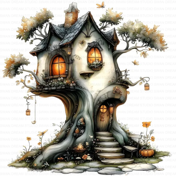 127 Whimsical Fairy Tree House Clipart Bundle Printable Fantasy Cottage Home Digital Papers Scrapbooking Junk Journal Card Making Craft JPG Download