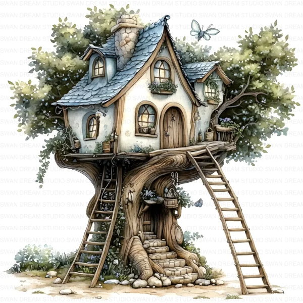 127 Whimsical Fairy Tree House Clipart Bundle Printable Fantasy Cottage Home Digital Papers Scrapbooking Junk Journal Card Making Craft JPG Download