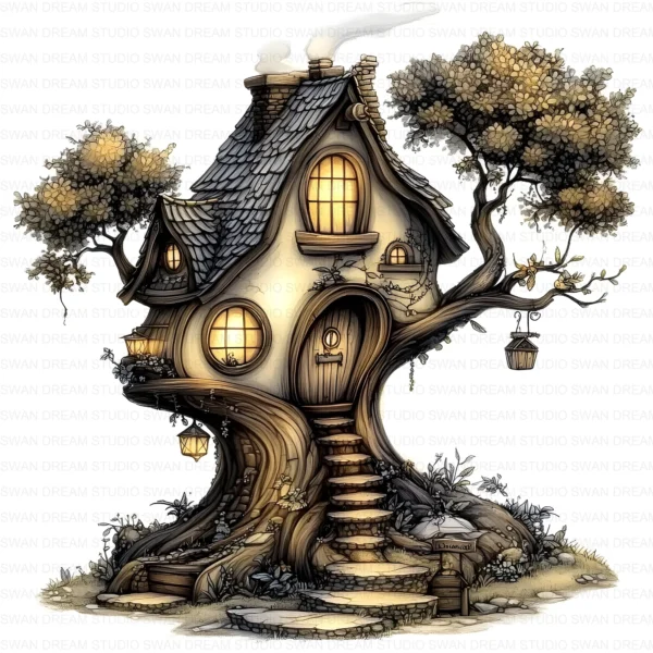 127 Whimsical Fairy Tree House Clipart Bundle Printable Fantasy Cottage Home Digital Papers Scrapbooking Junk Journal Card Making Craft JPG Download