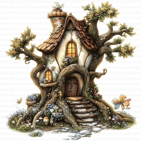 127 Whimsical Fairy Tree House Clipart Bundle Printable Fantasy Cottage Home Digital Papers Scrapbooking Junk Journal Card Making Craft JPG Download