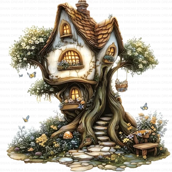 127 Whimsical Fairy Tree House Clipart Bundle Printable Fantasy Cottage Home Digital Papers Scrapbooking Junk Journal Card Making Craft JPG Download
